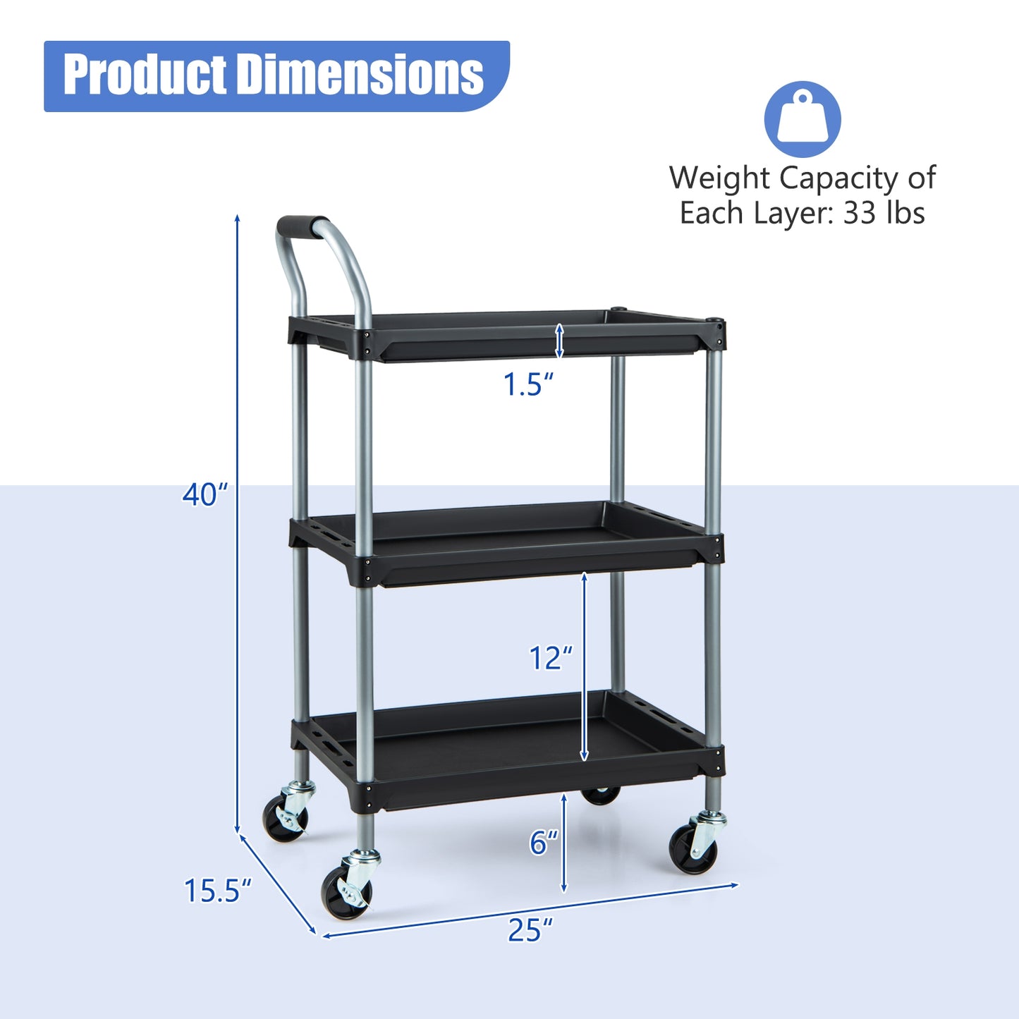Heavy Duty 3-Tier Rolling Tool Cart with Durable PP Shelves and Comfortable Handle