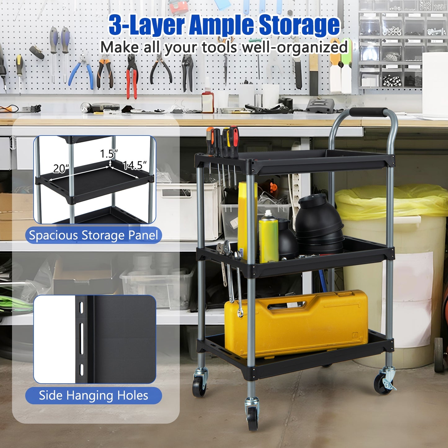 Heavy Duty 3-Tier Rolling Tool Cart with Durable PP Shelves and Comfortable Handle