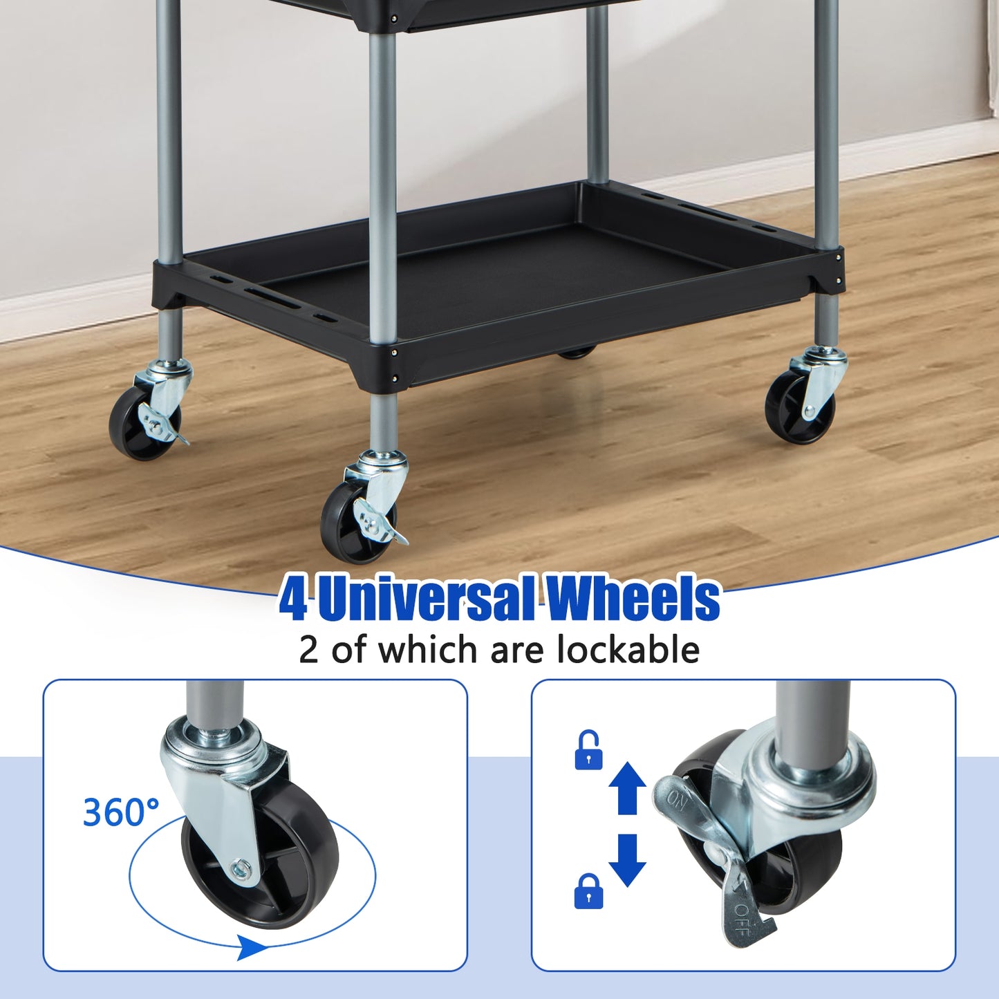 Heavy Duty 3-Tier Rolling Tool Cart with Durable PP Shelves and Comfortable Handle