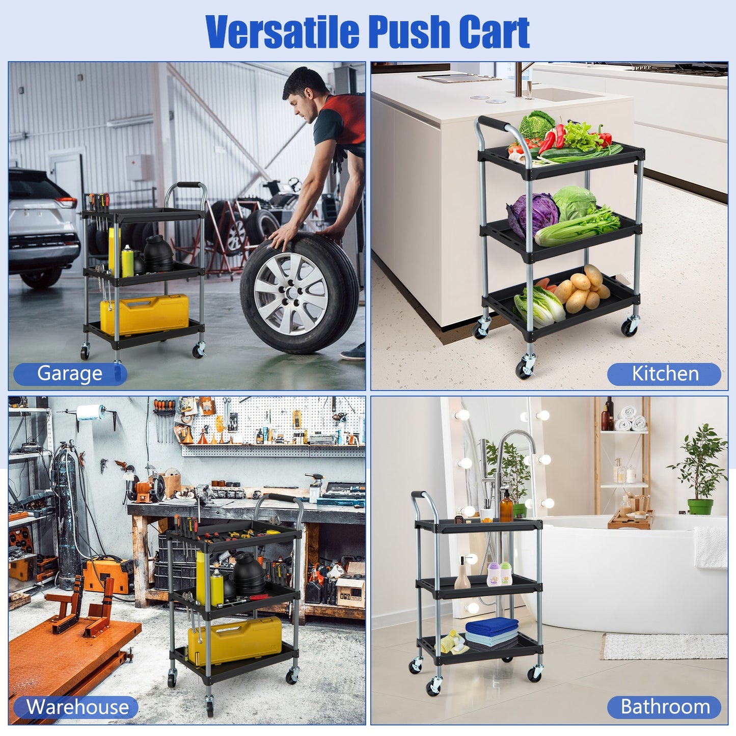 Heavy Duty 3-Tier Rolling Tool Cart with Durable PP Shelves and Comfortable Handle