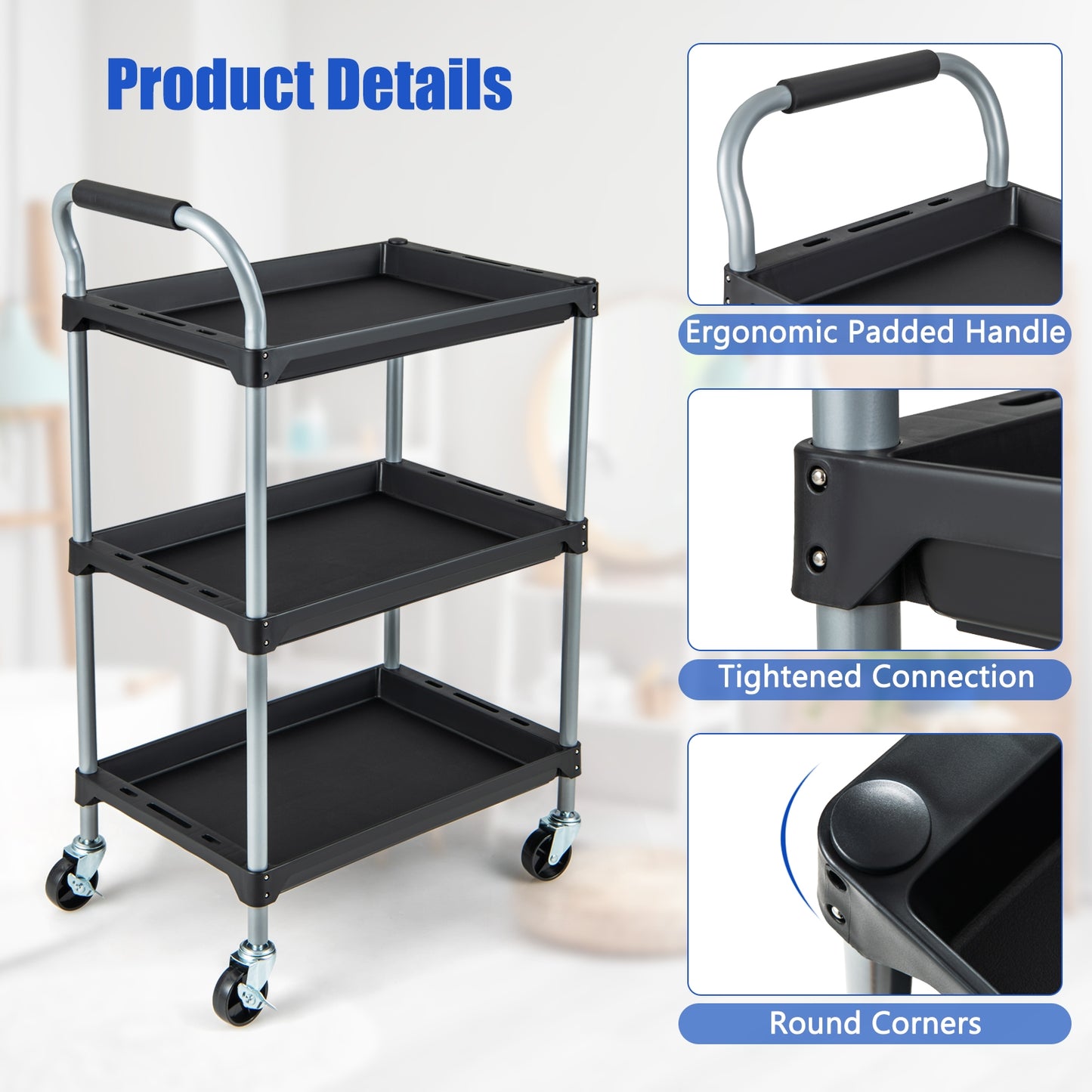 Heavy Duty 3-Tier Rolling Tool Cart with Durable PP Shelves and Comfortable Handle
