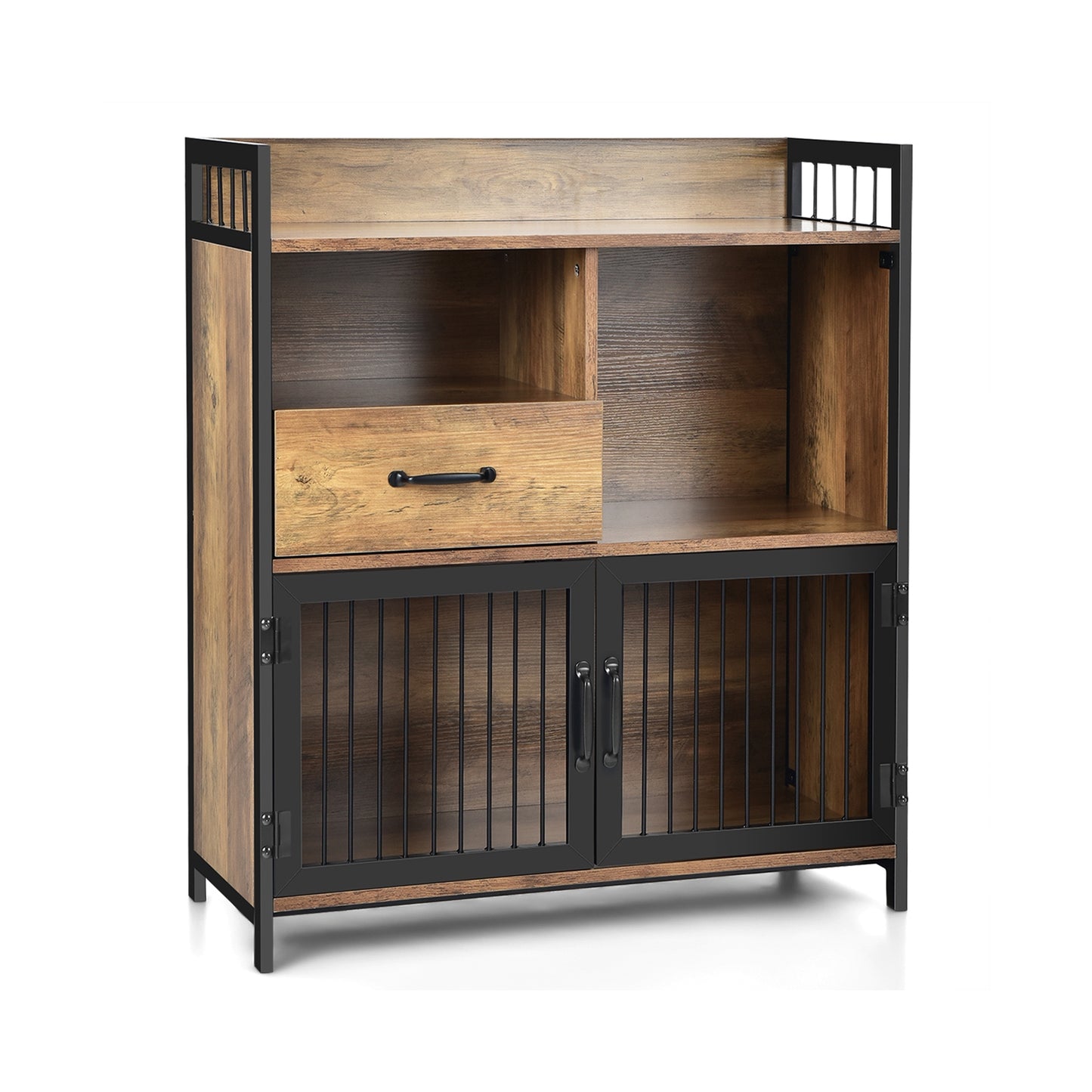 Modern Buffet Server Cabinet with Storage Drawer and Steel Mesh Doors