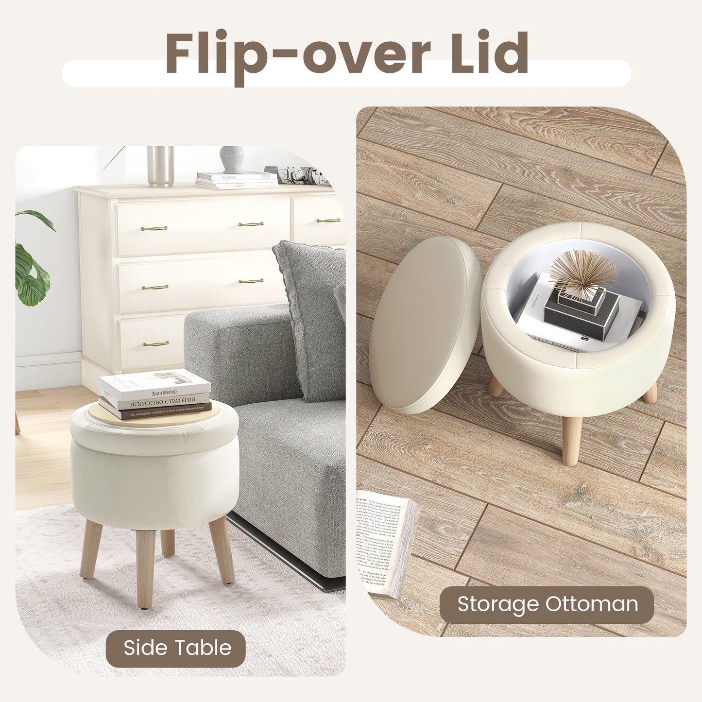 Round Upholstered Storage Ottoman with Flip Lid, Rubber Wood Legs and Adjustable Foot Pads - Beige