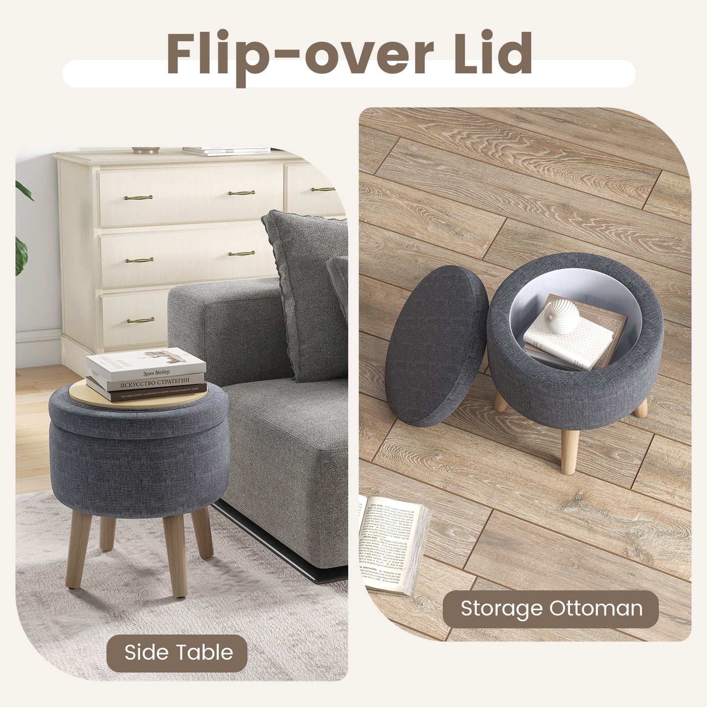 Round Upholstered Storage Ottoman with Flip Lid, Rubber Wood Legs and Adjustable Foot Pads - Grey