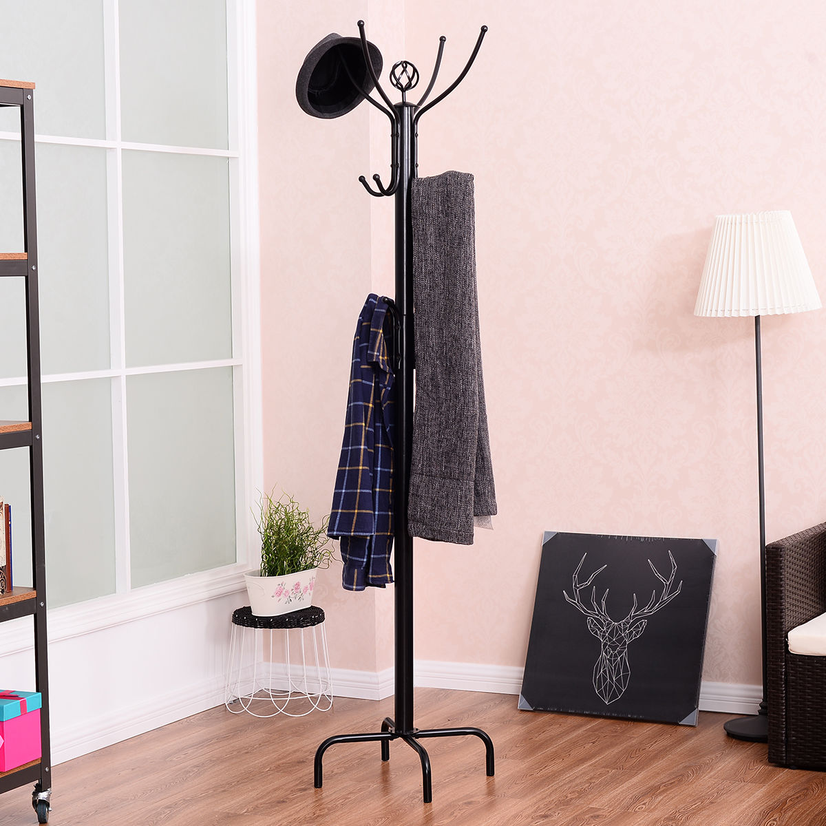 Freestanding Metal Coat Rack with 3 Tiers and 12 Hooks for Entryway or Bedroom