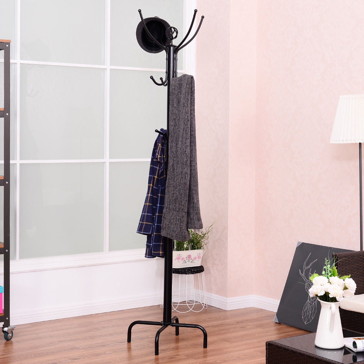 Freestanding Metal Coat Rack with 3 Tiers and 12 Hooks for Entryway or Bedroom