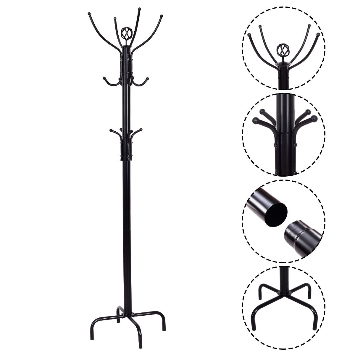 Freestanding Metal Coat Rack with 3 Tiers and 12 Hooks for Entryway or Bedroom