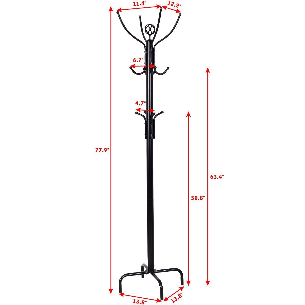 Freestanding Metal Coat Rack with 3 Tiers and 12 Hooks for Entryway or Bedroom