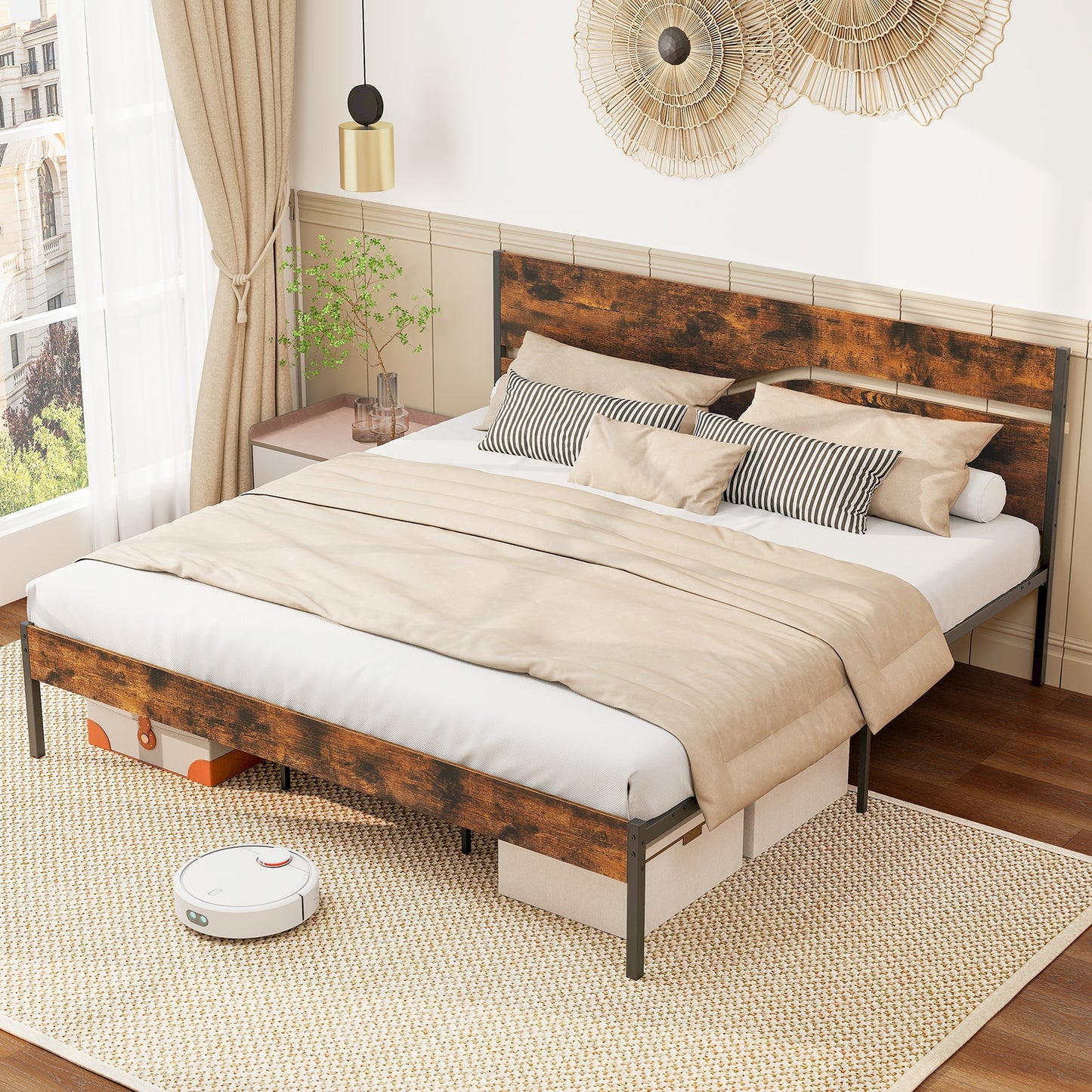 Modern Industrial Bed Frame with Sturdy Metal Slats and Wood Accents, King Size