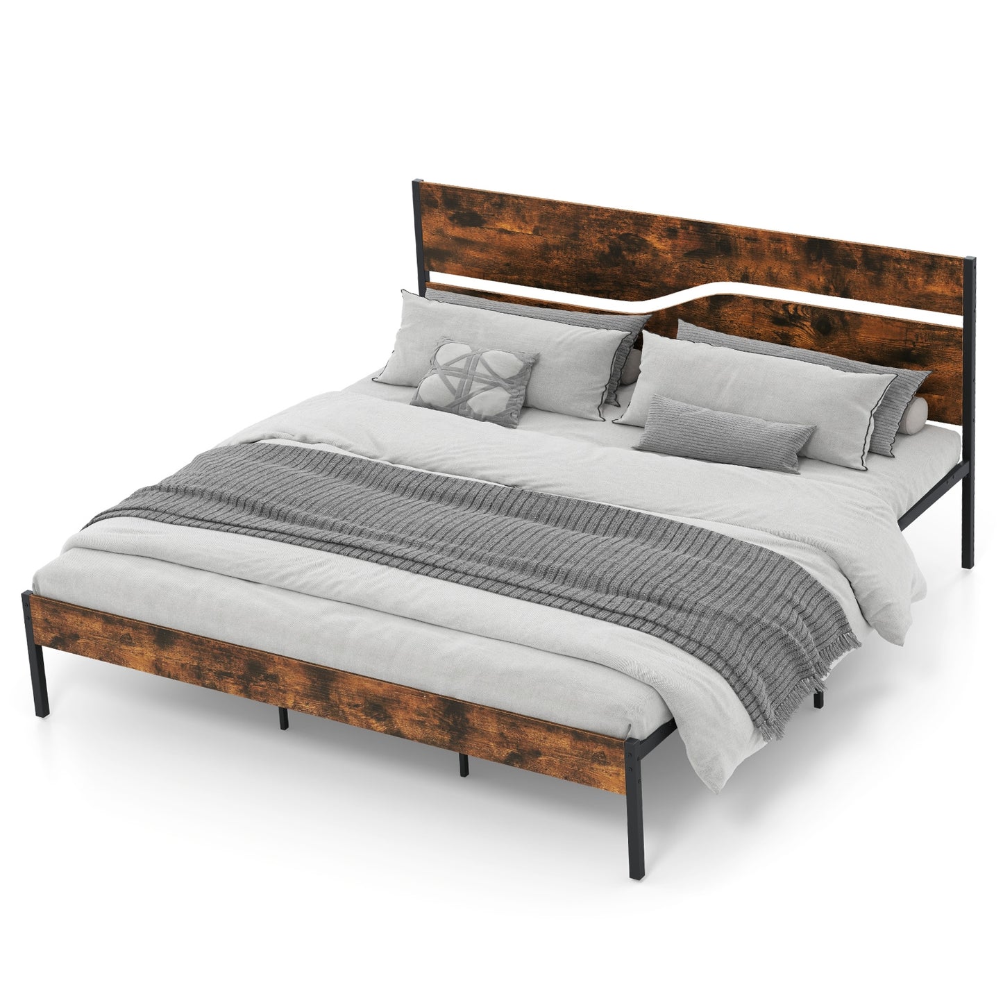 Modern Industrial Bed Frame with Sturdy Metal Slats and Wood Accents, King Size