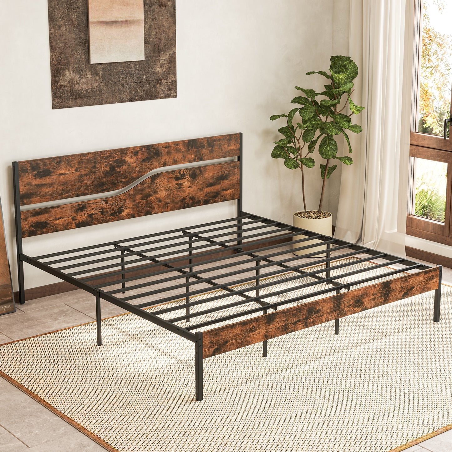 Modern Industrial Bed Frame with Sturdy Metal Slats and Wood Accents, King Size