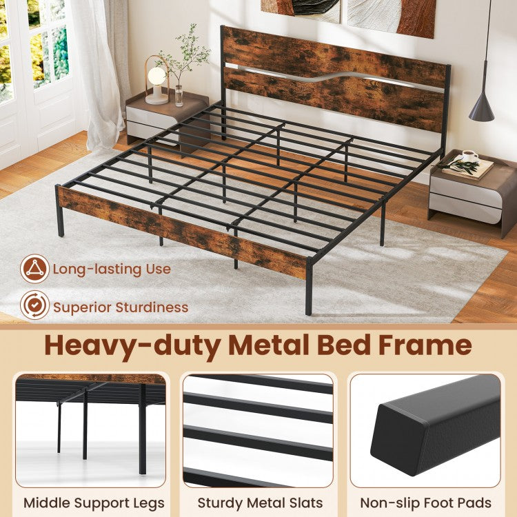 Modern Industrial Bed Frame with Sturdy Metal Slats and Wood Accents, King Size
