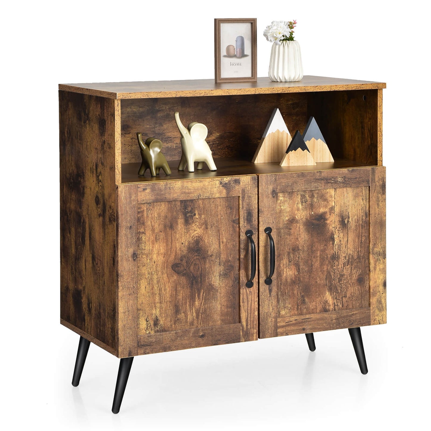 Mid-Century Wooden Storage Cabinet with Wine Glass Holders and Spacious Shelving