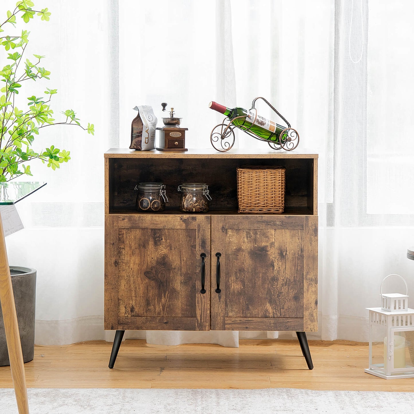 Mid-Century Wooden Storage Cabinet with Wine Glass Holders and Spacious Shelving