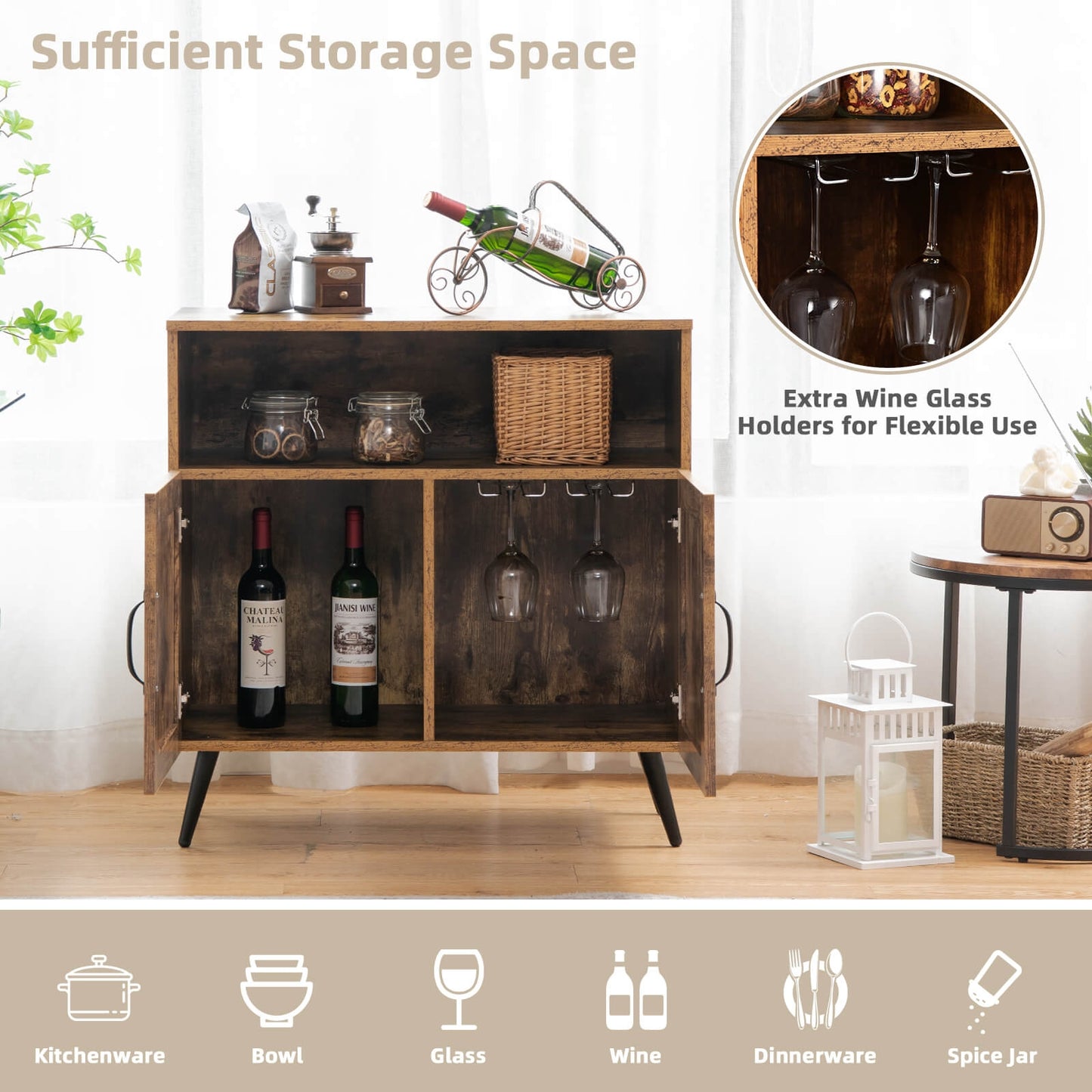 Mid-Century Wooden Storage Cabinet with Wine Glass Holders and Spacious Shelving