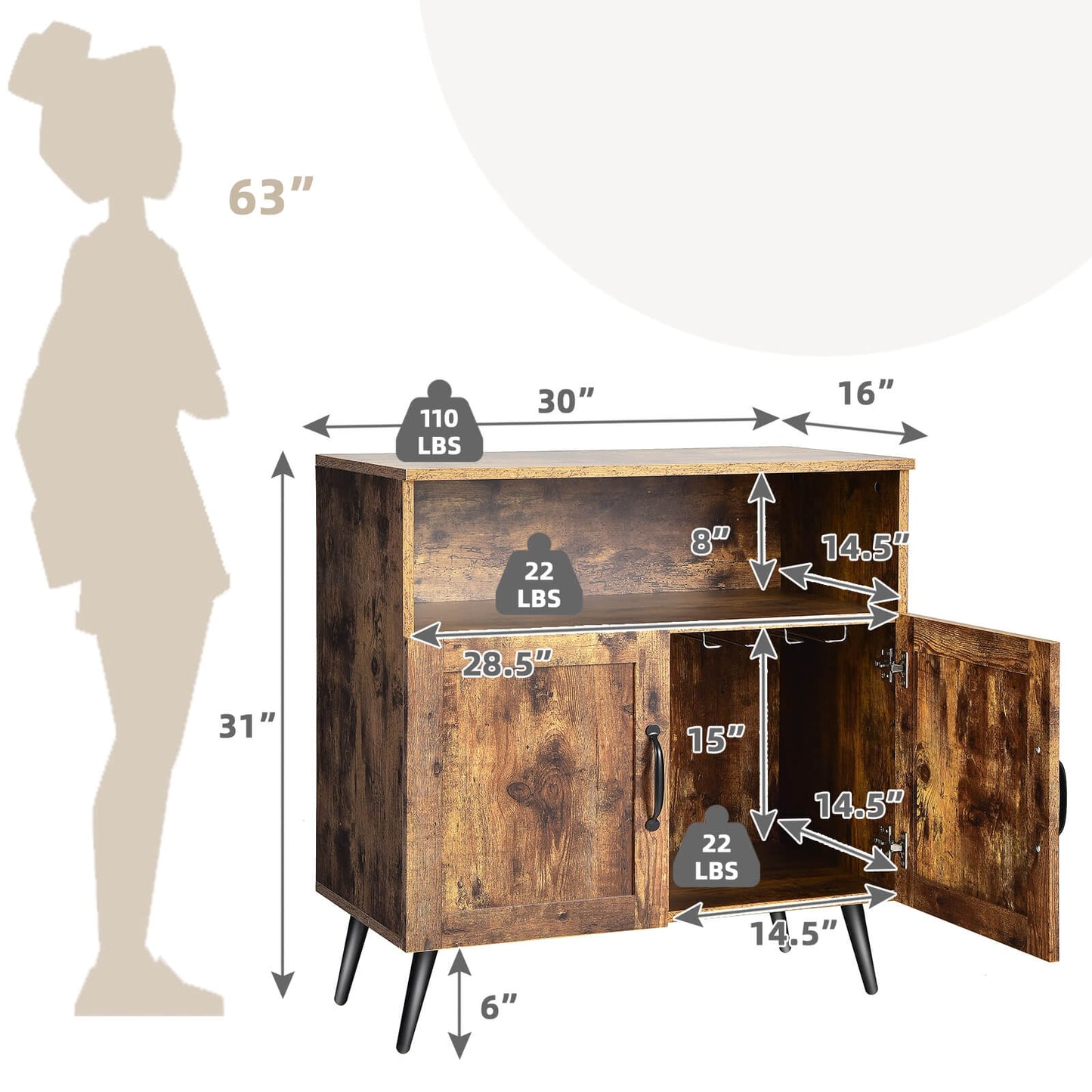 Mid-Century Wooden Storage Cabinet with Wine Glass Holders and Spacious Shelving