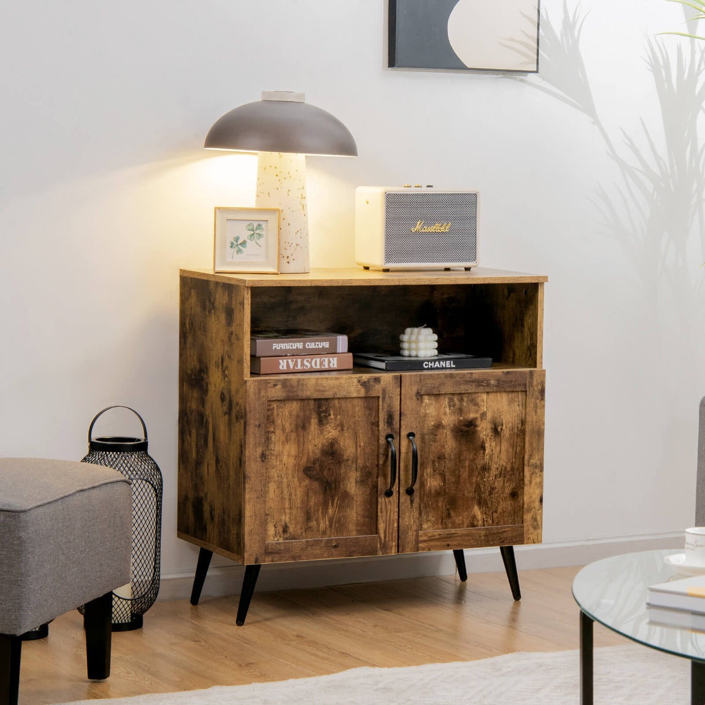 Mid-Century Wooden Storage Cabinet with Wine Glass Holders and Spacious Shelving
