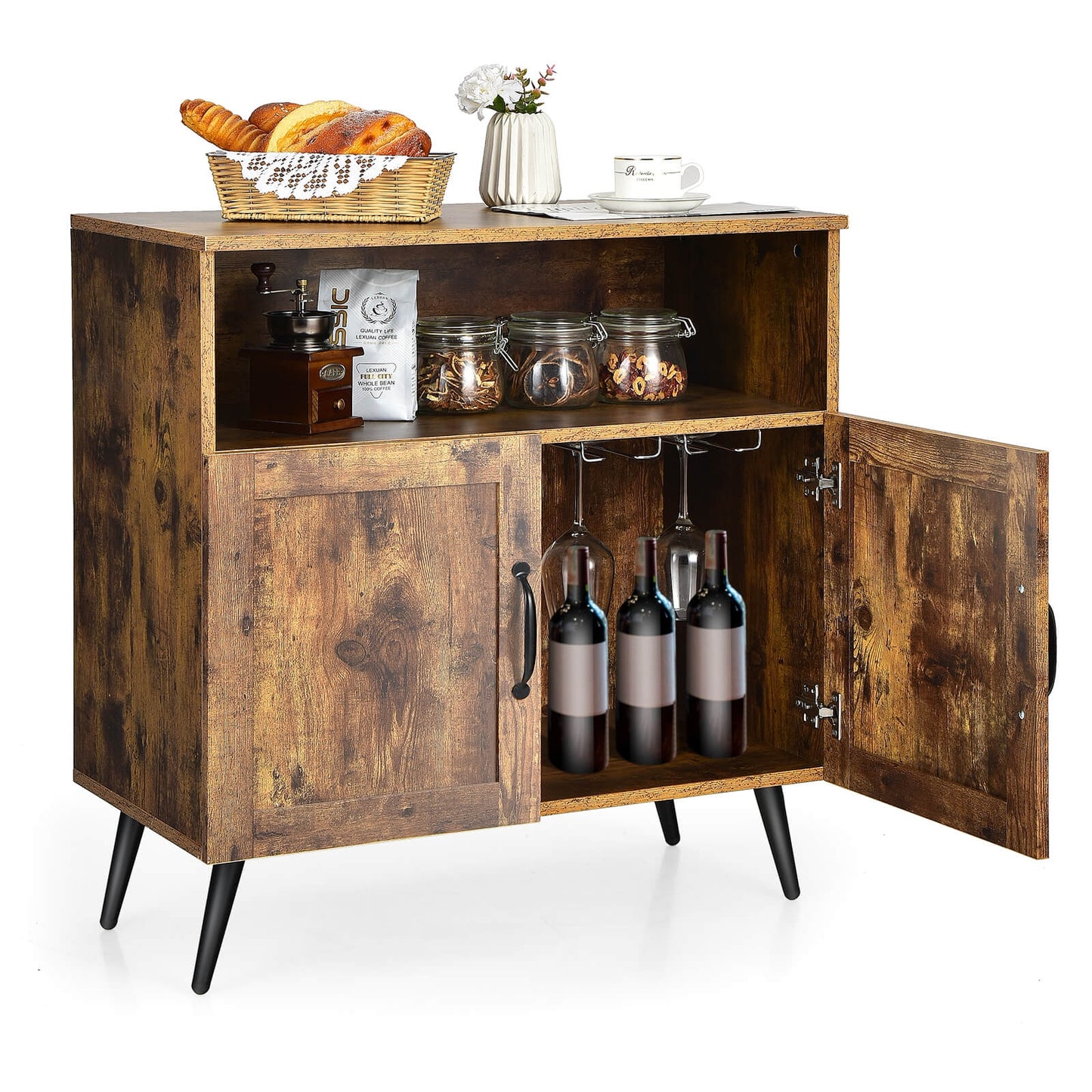 Mid-Century Wooden Storage Cabinet with Wine Glass Holders and Spacious Shelving