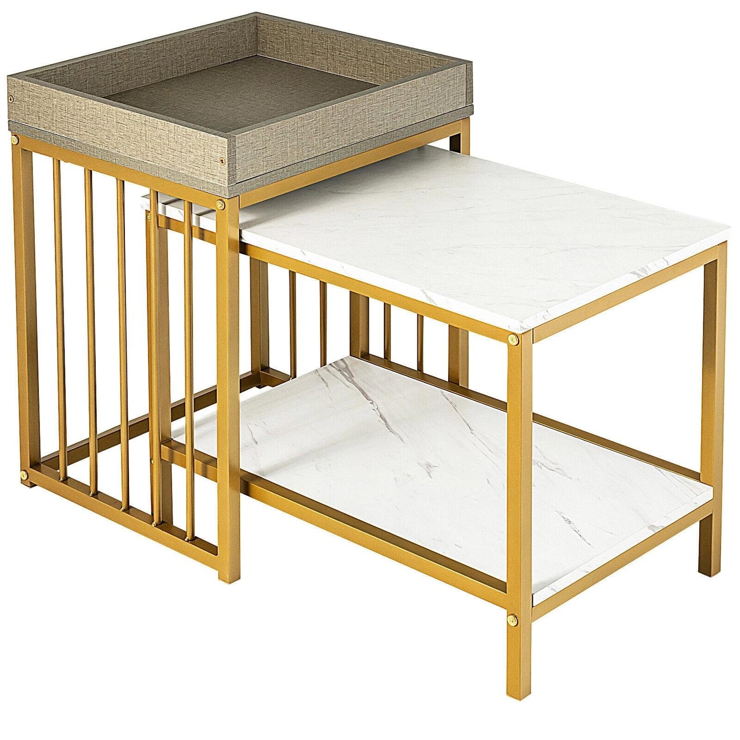 Modern 2-Piece Nesting Coffee Table Set with Faux Marble and Tray Top
