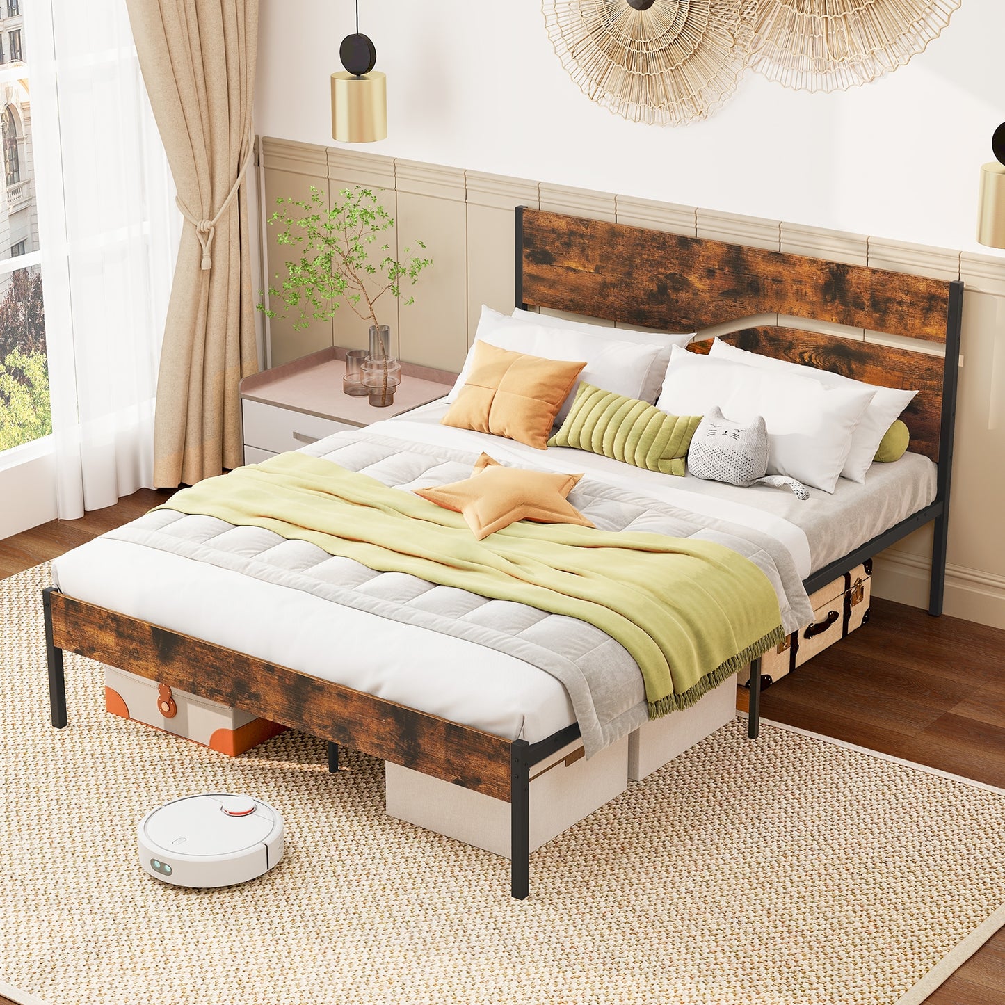 Modern Industrial Bed Frame with Sturdy Metal Slats and Wood Accents, Queen Size