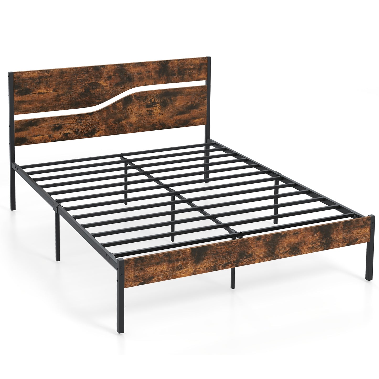 Modern Industrial Bed Frame with Sturdy Metal Slats and Wood Accents, Queen Size