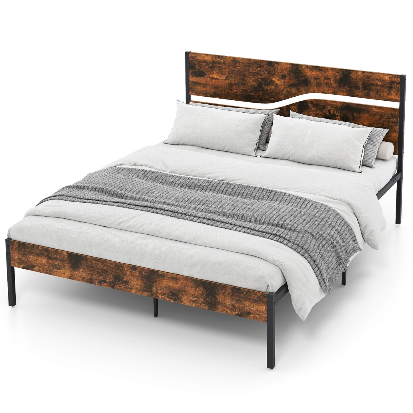 Modern Industrial Bed Frame with Sturdy Metal Slats and Wood Accents, Queen Size