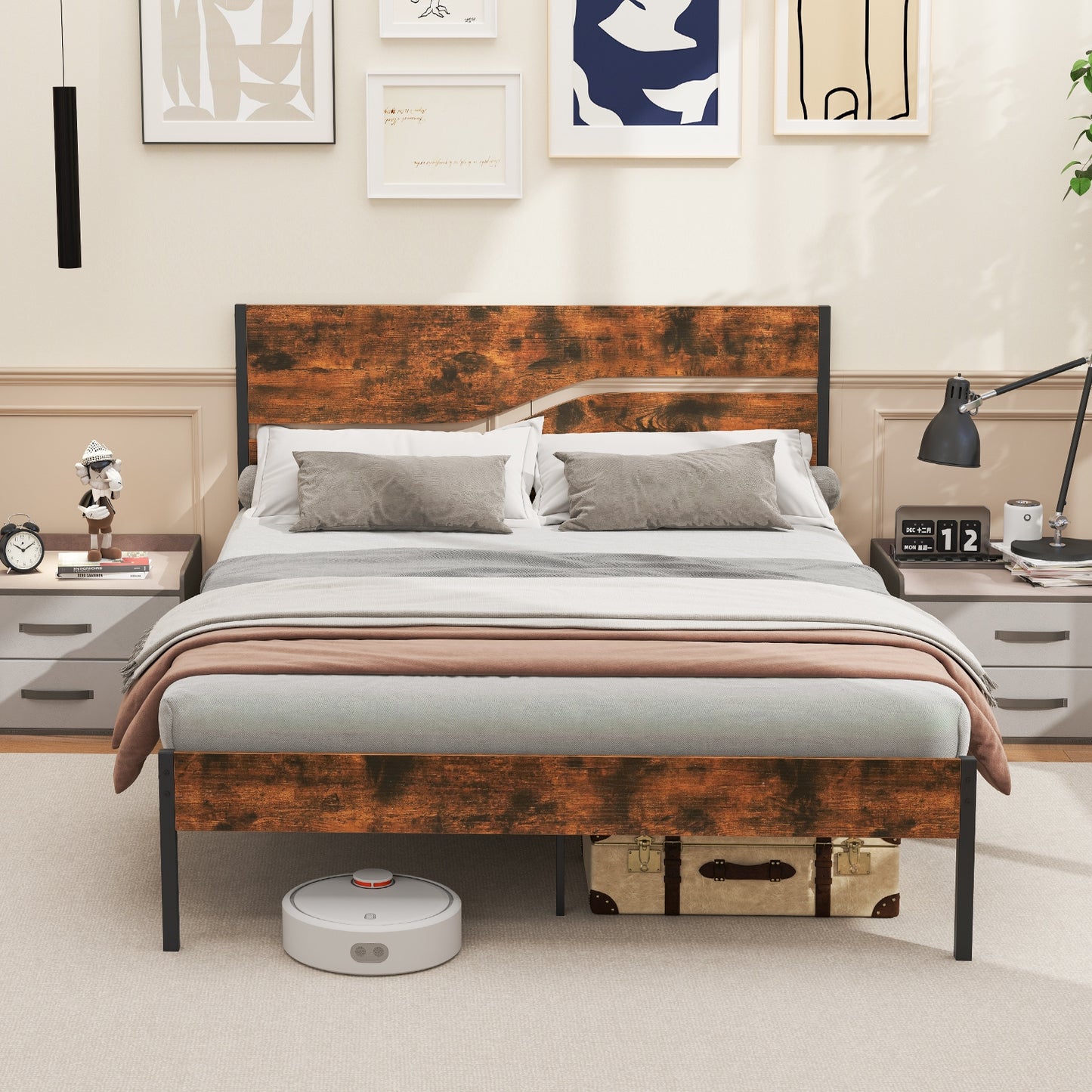 Modern Industrial Bed Frame with Sturdy Metal Slats and Wood Accents, Queen Size