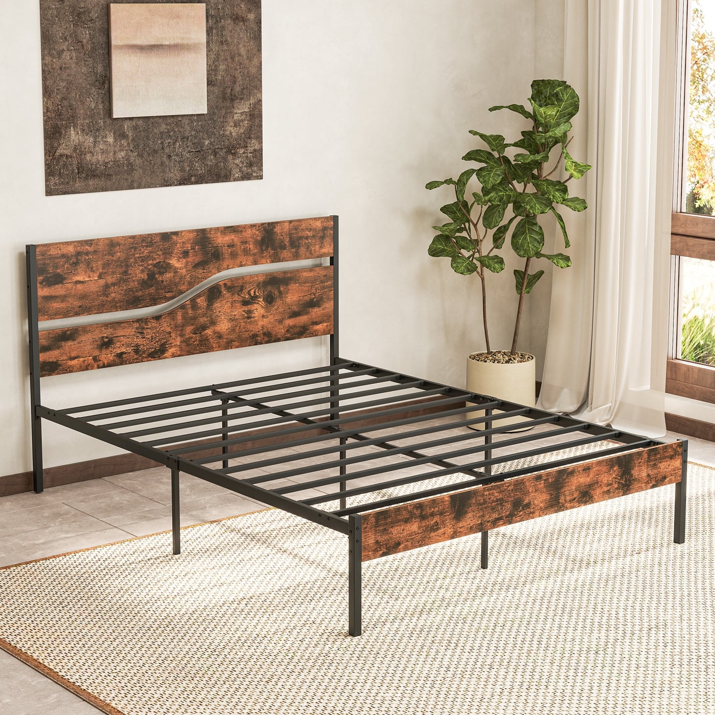 Modern Industrial Bed Frame with Sturdy Metal Slats and Wood Accents, Queen Size