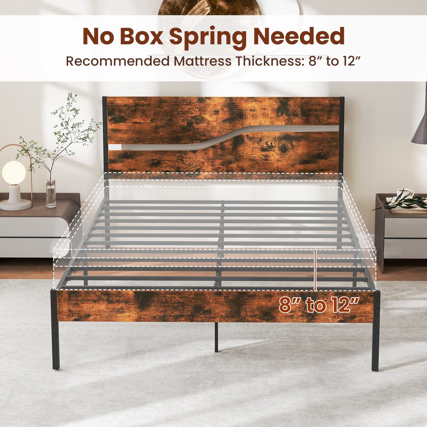 Modern Industrial Bed Frame with Sturdy Metal Slats and Wood Accents, Queen Size