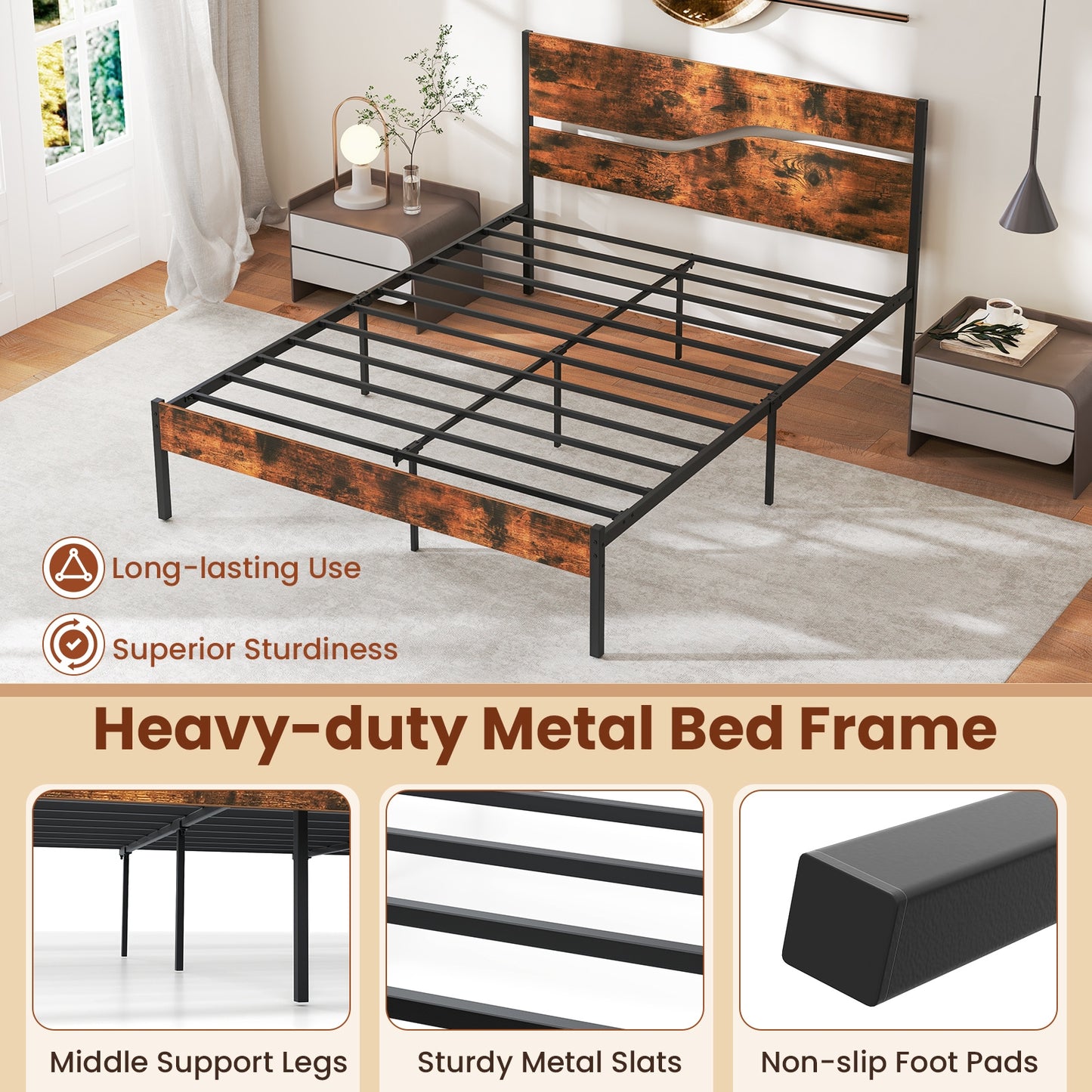 Modern Industrial Bed Frame with Sturdy Metal Slats and Wood Accents, Queen Size