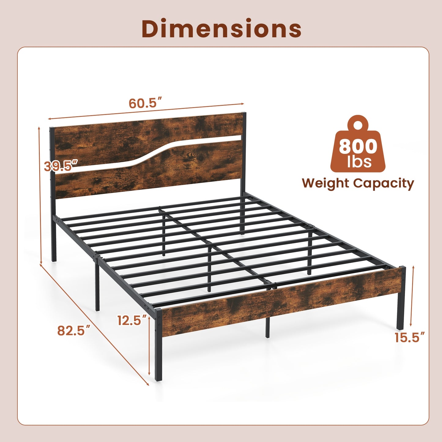 Modern Industrial Bed Frame with Sturdy Metal Slats and Wood Accents, Queen Size