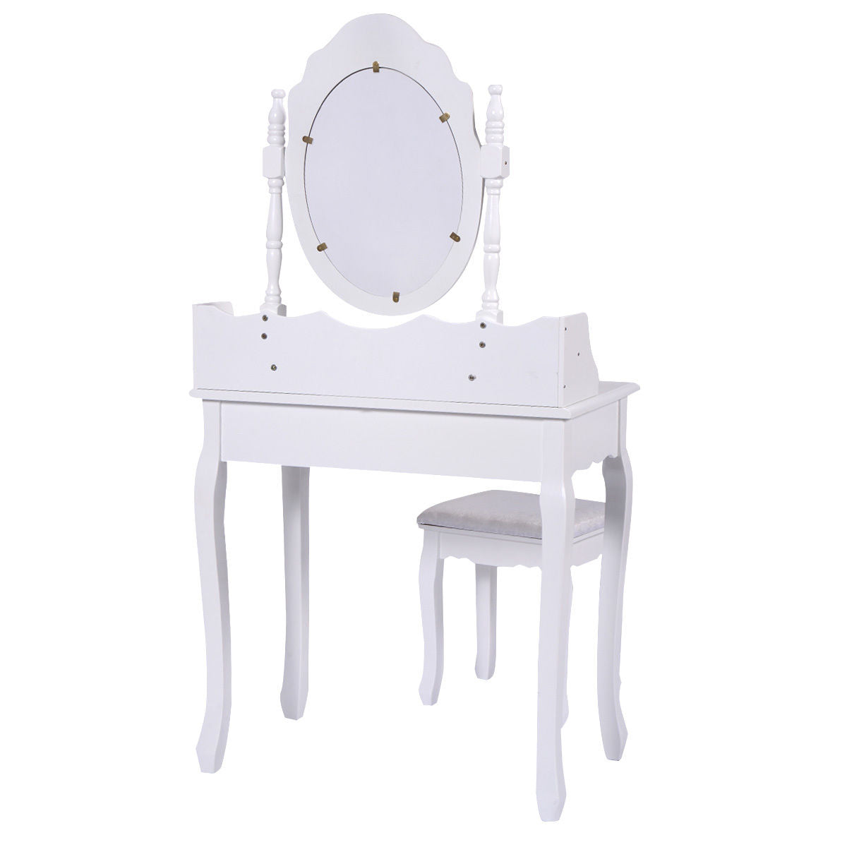 Makeup Vanity Set with 360° Oval Mirror, 3 Storage Drawers, and Cushioned Stool