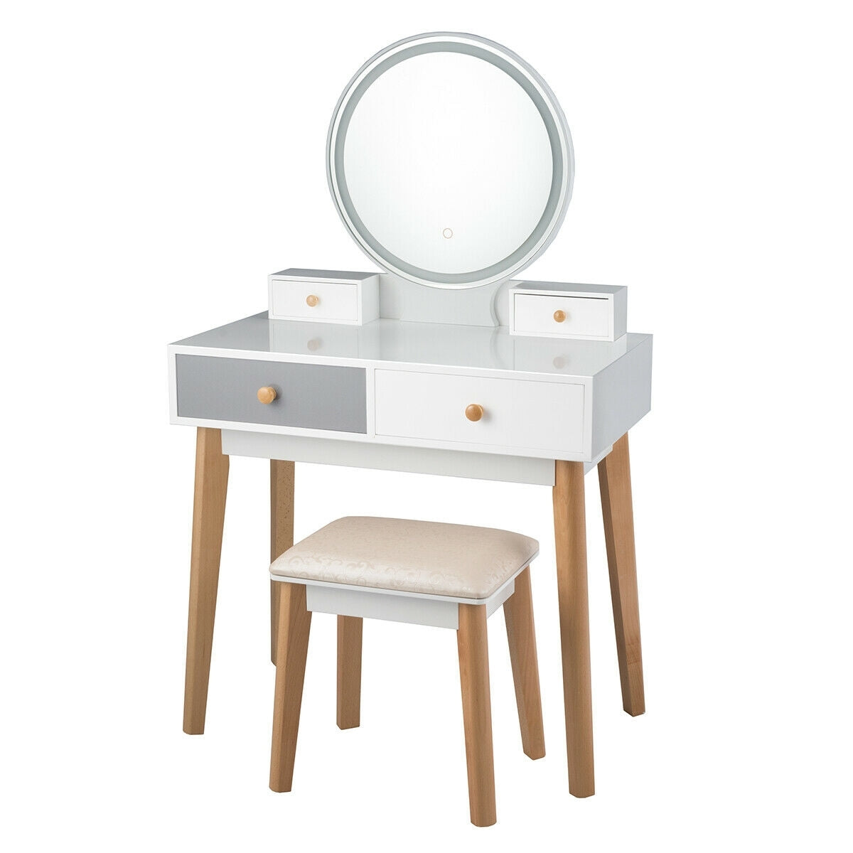 Vanity Table with LED Lighted Round Mirror and 4 Storage Drawers