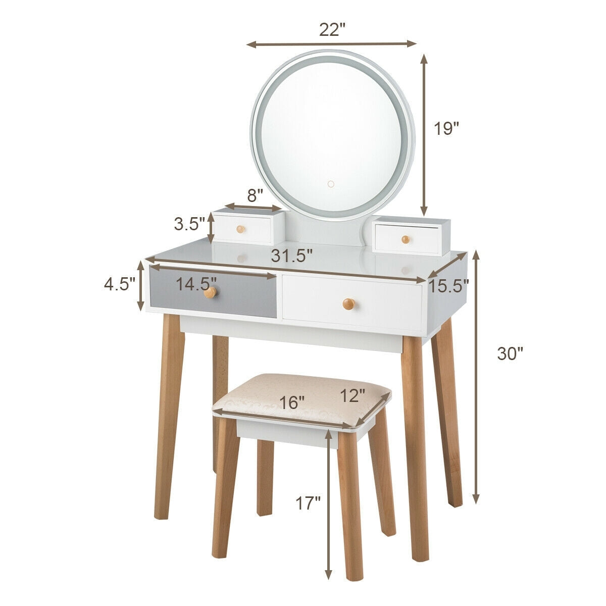 Vanity Table with LED Lighted Round Mirror and 4 Storage Drawers