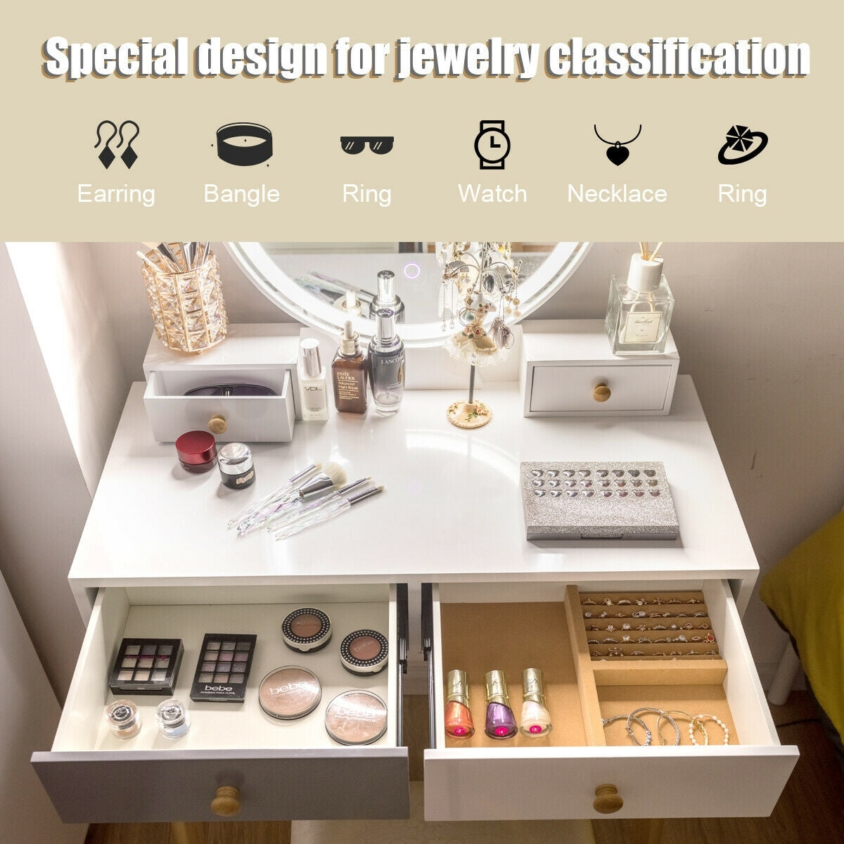 Vanity Table with LED Lighted Round Mirror and 4 Storage Drawers