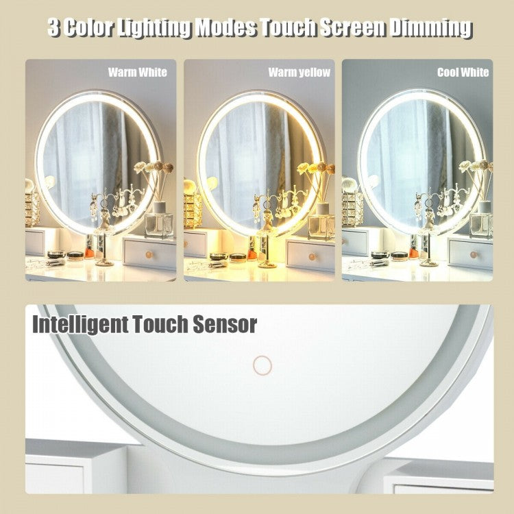 Vanity Table with LED Lighted Round Mirror and 4 Storage Drawers