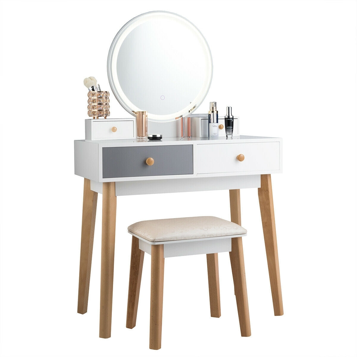 Vanity Table with LED Lighted Round Mirror and 4 Storage Drawers