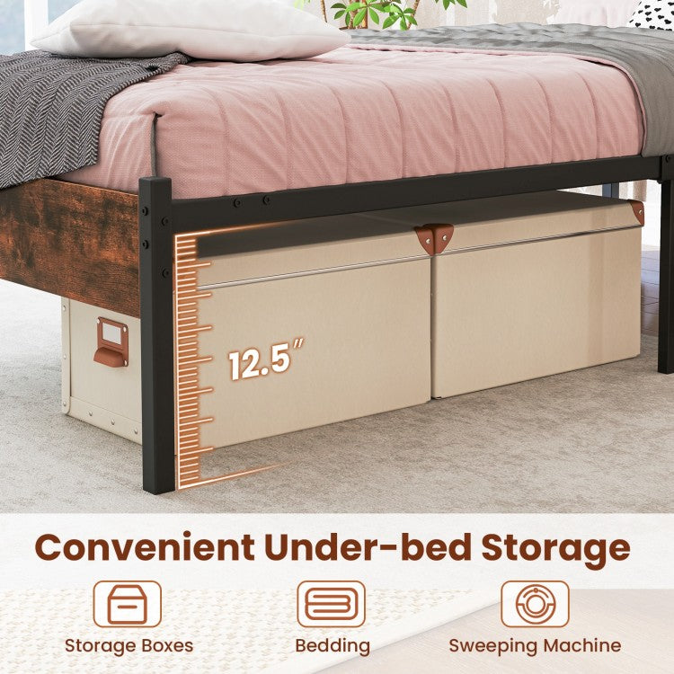 Modern Industrial Bed Frame with Sturdy Metal Slats and Wood Accents, Twin Size
