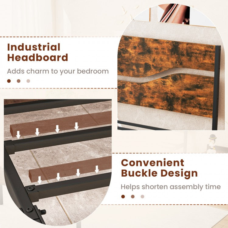 Modern Industrial Bed Frame with Sturdy Metal Slats and Wood Accents, Twin Size
