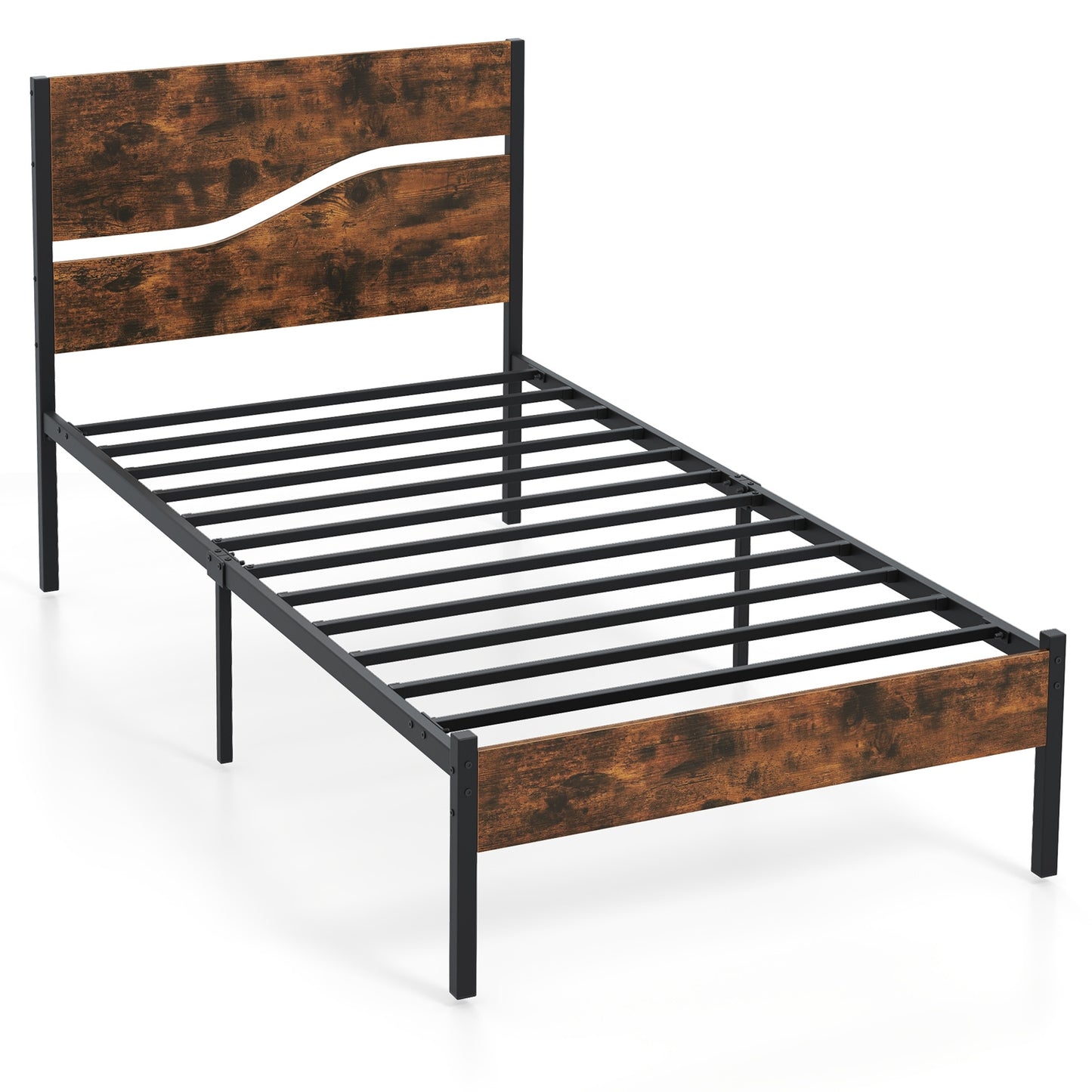 Modern Industrial Bed Frame with Sturdy Metal Slats and Wood Accents, Twin Size