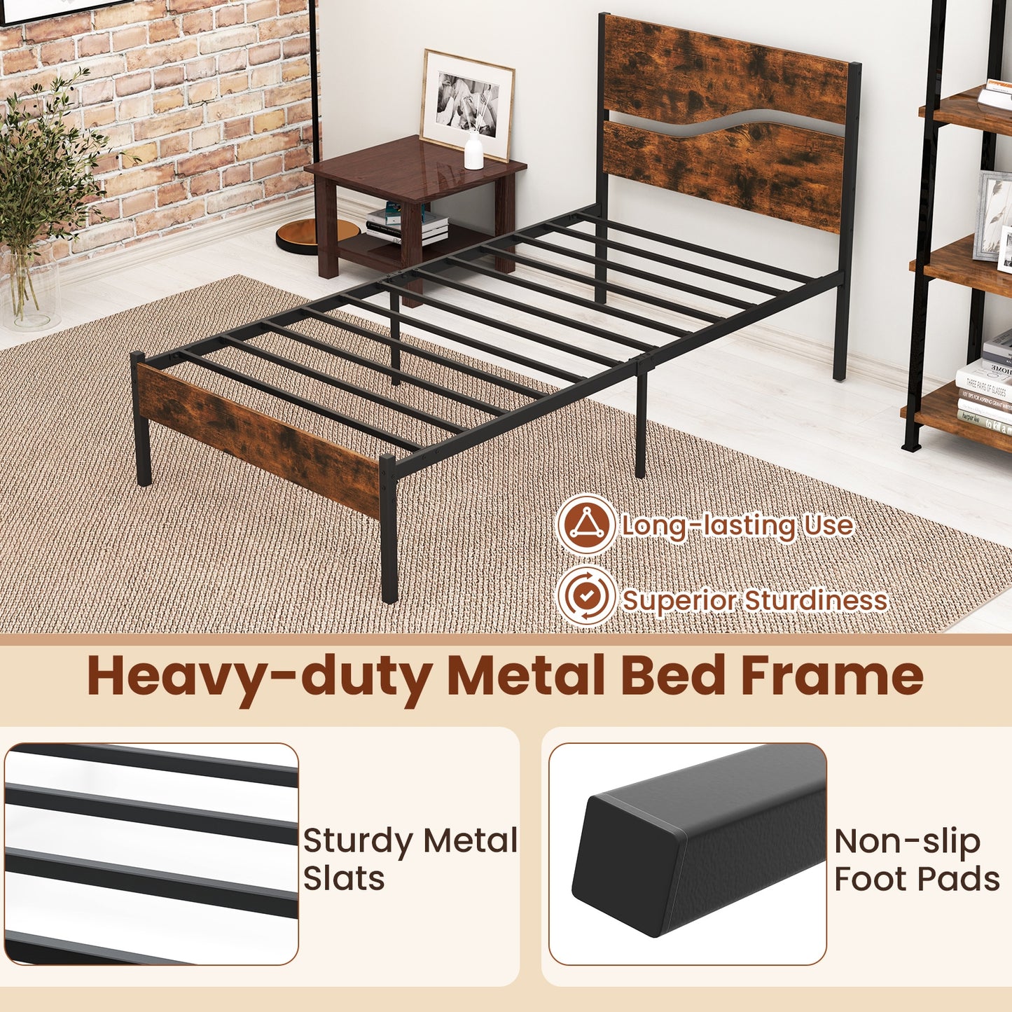 Modern Industrial Bed Frame with Sturdy Metal Slats and Wood Accents, Twin Size