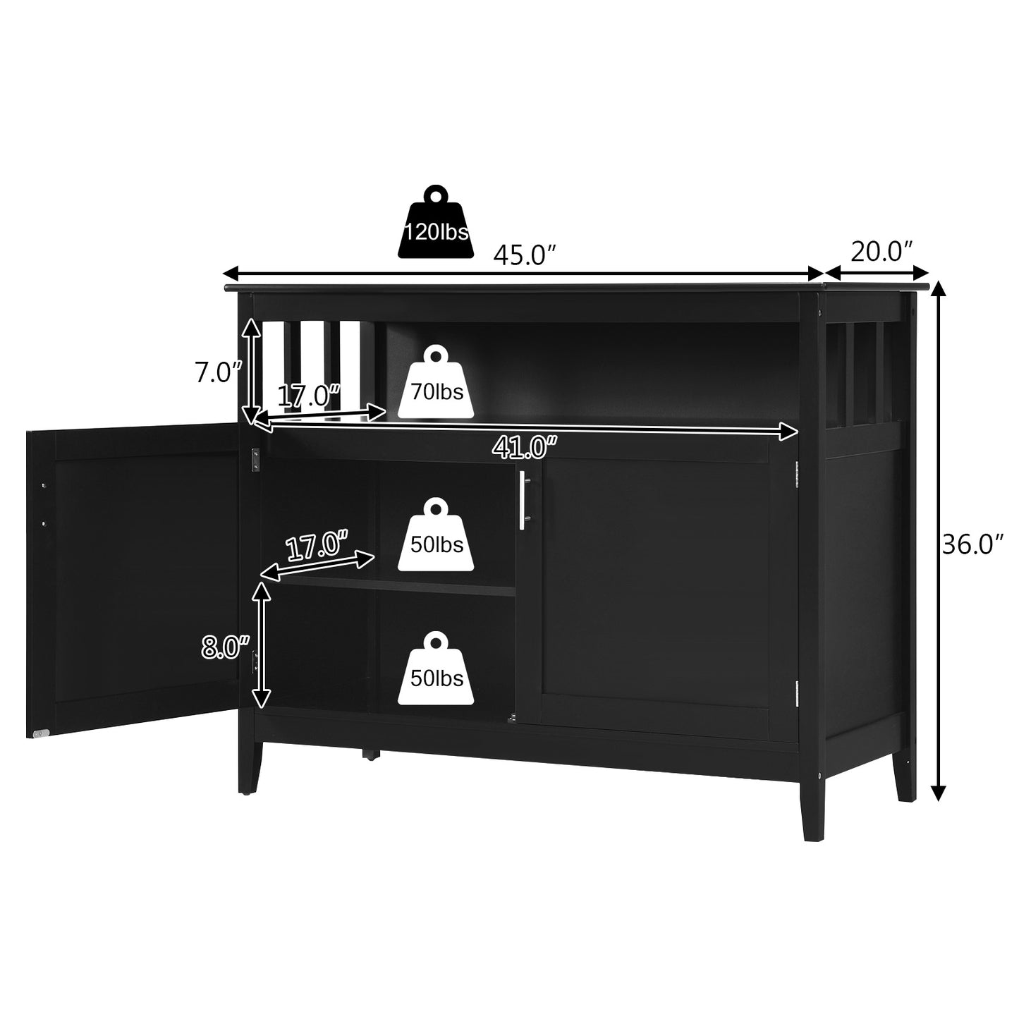 Modern Wooden Kitchen Storage Cabinet with Double Doors and Open Shelf - Black