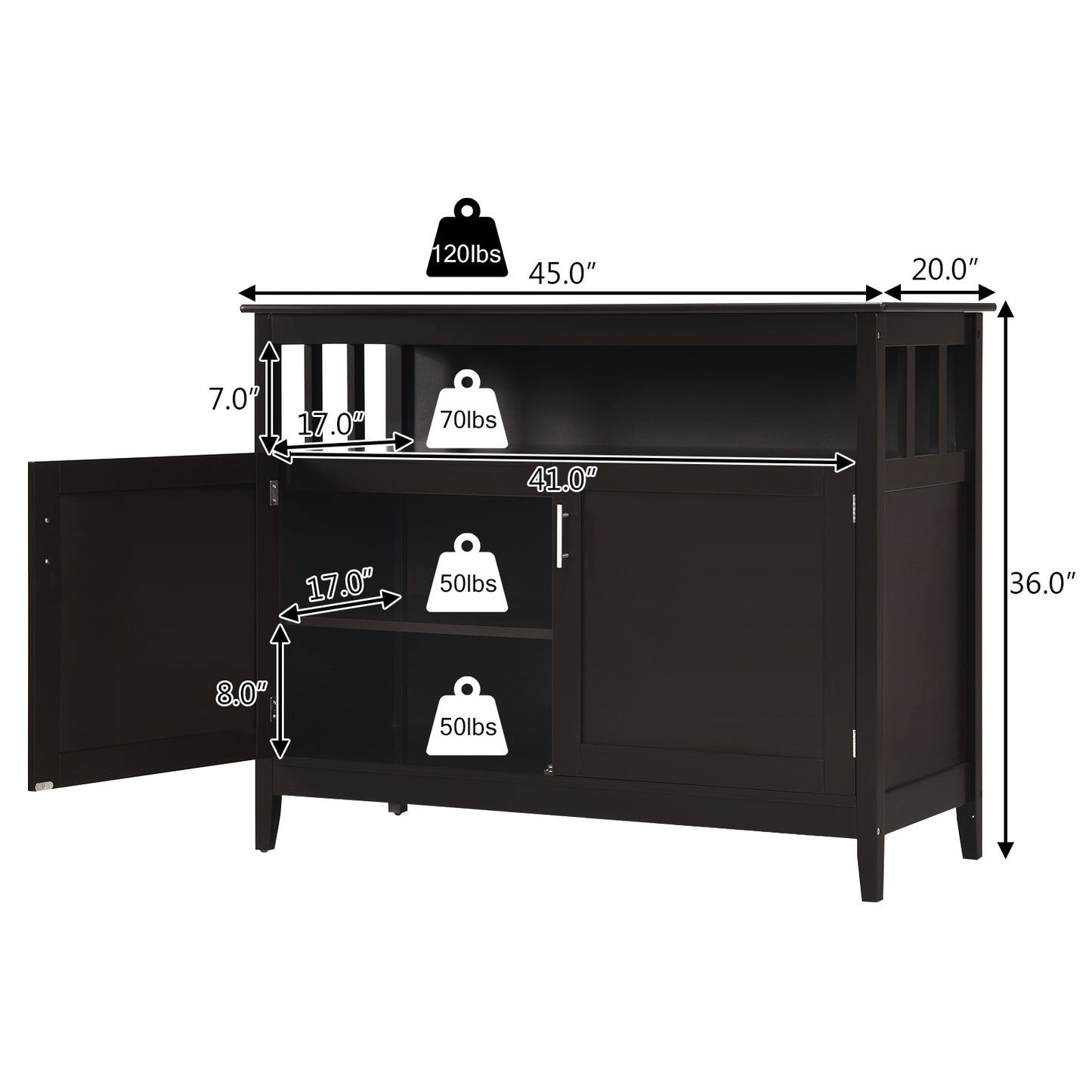 Modern Wooden Kitchen Storage Cabinet with Double Doors and Open Shelf - Brown
