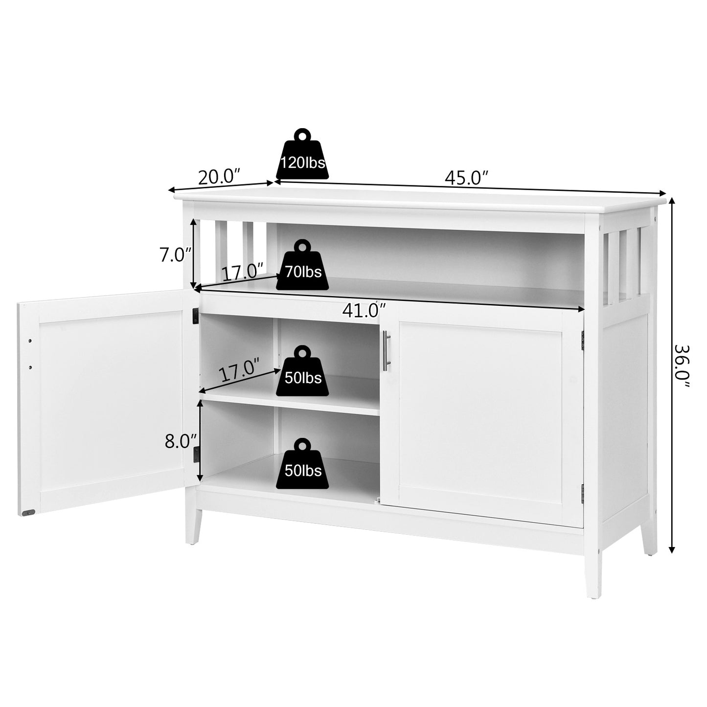 Modern Wooden Kitchen Storage Cabinet with Double Doors and Open Shelf - White