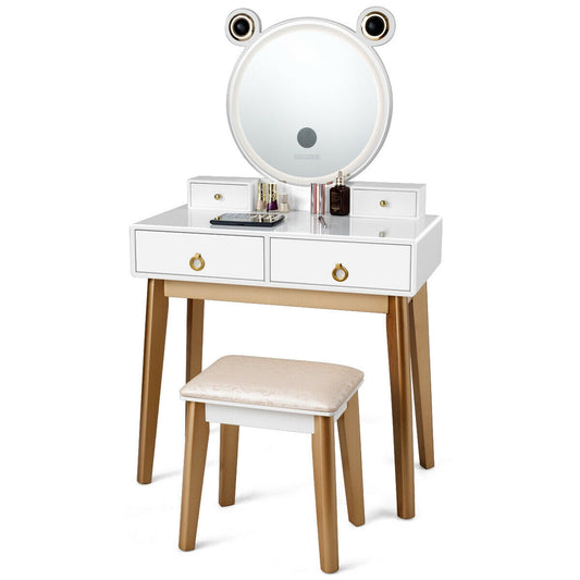 3-Color LED Vanity Set with Touch Screen Dimming Mirror, Wireless Speakers & 4 Storage Drawers