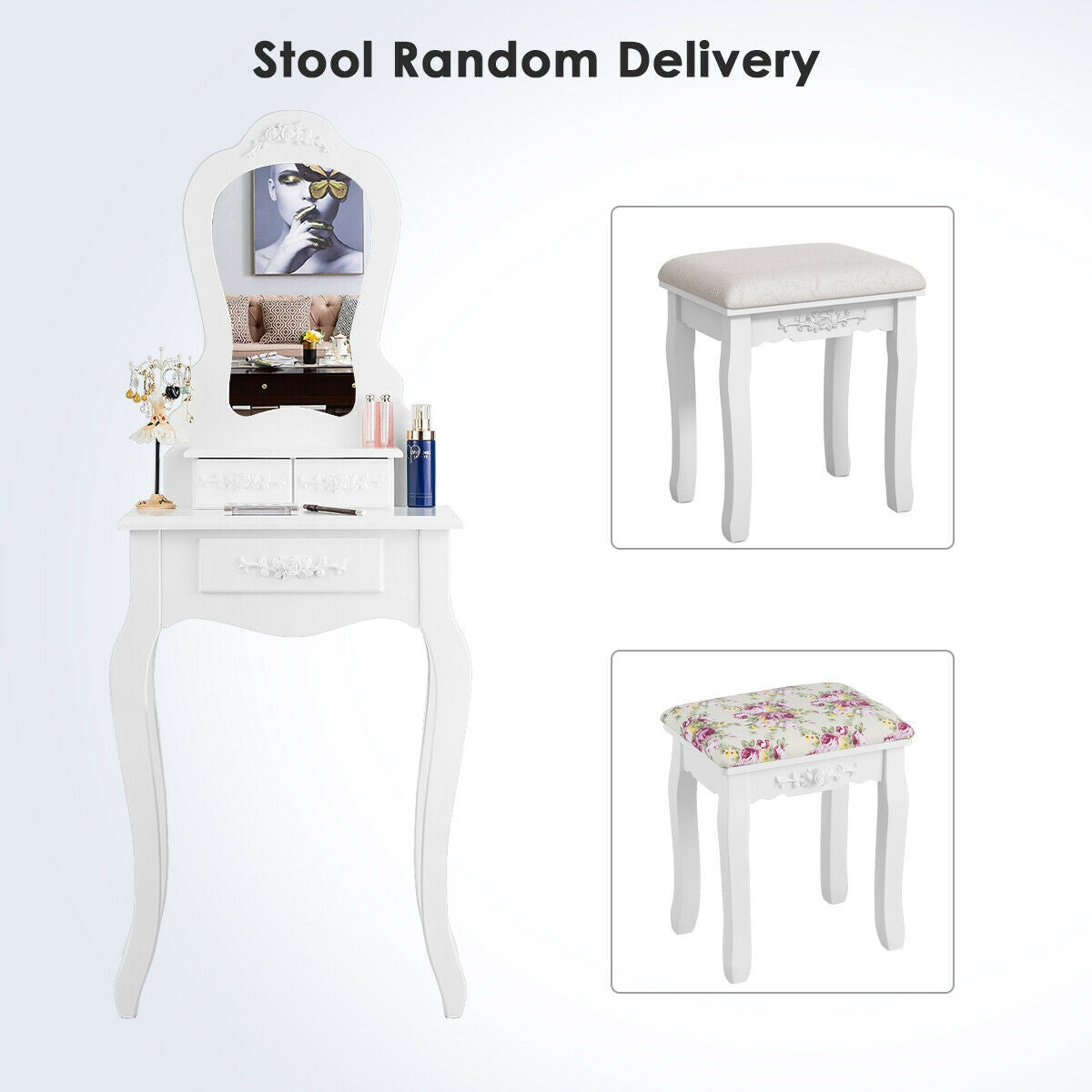Elegant Vanity Table with Mirror, 3 Storage Drawers, and Matching Stool – White