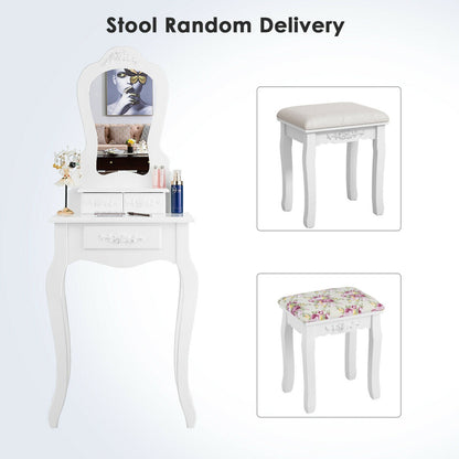 Elegant Vanity Table with Mirror, 3 Storage Drawers, and Matching Stool – White