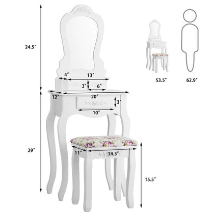 Elegant Vanity Table with Mirror, 3 Storage Drawers, and Matching Stool – White