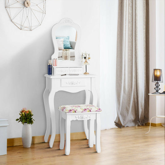 Elegant Vanity Table with Mirror, 3 Storage Drawers, and Matching Stool – White