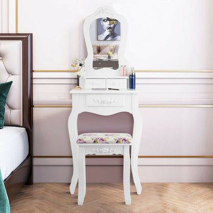 Elegant Vanity Table with Mirror, 3 Storage Drawers, and Matching Stool – White